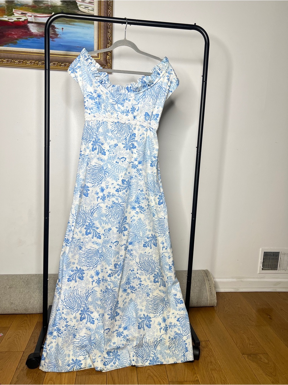 Handmade, Blue and White Floral Off-Shoulder Maxi Dress